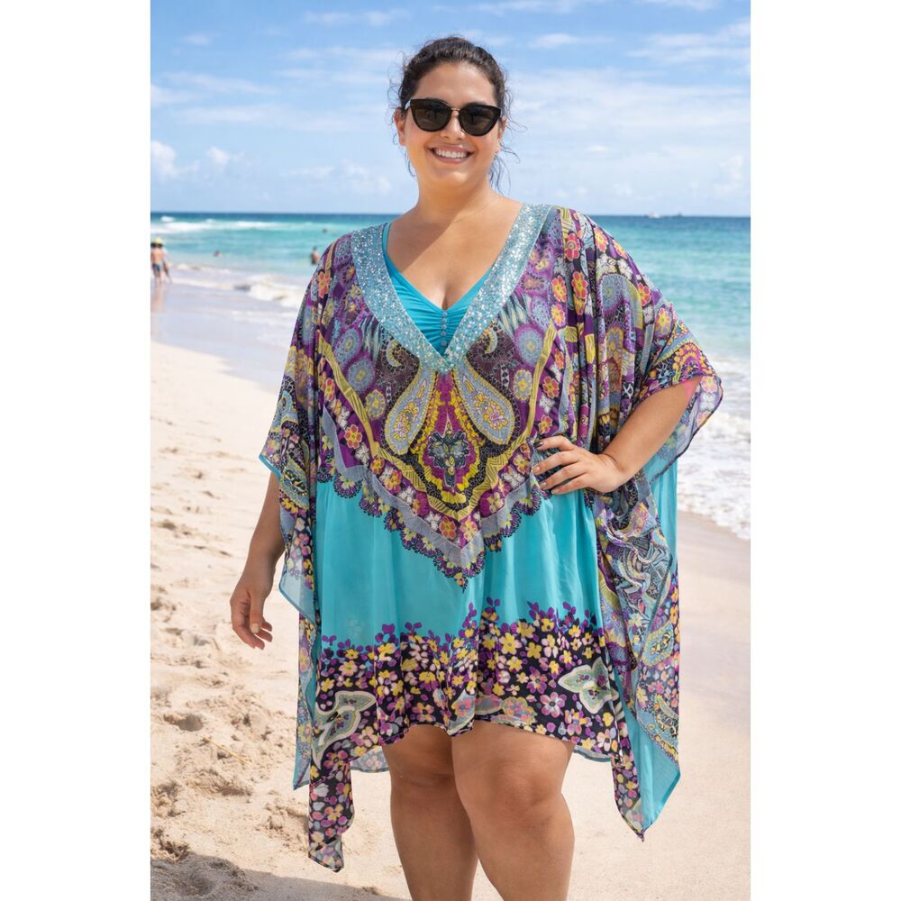 Fashion Bug 2X Floral Paisley Batwing Swim Cover Up Sheer Beach Tunic #6